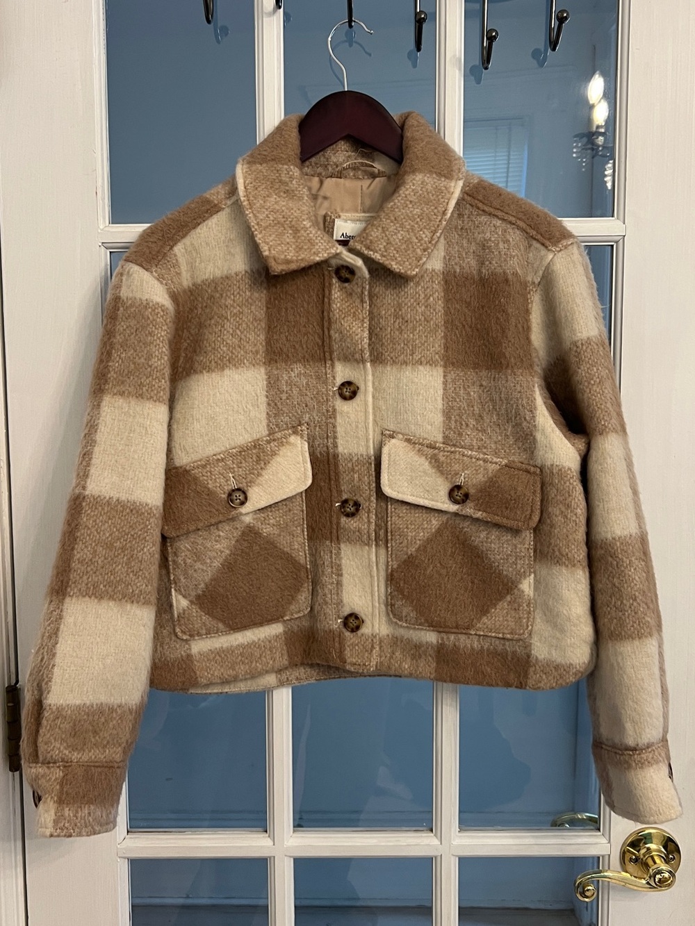 ABERCROMBIE & FITCH Women’s Plaid Sherpa Teddy Shacket Jacket Tan Cream S